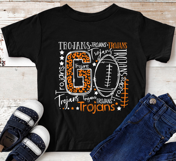 Go Trojans Typography Orange and White Direct to Film Transfer - YOUTH SIZE - 10 to 14 Day Ship Time