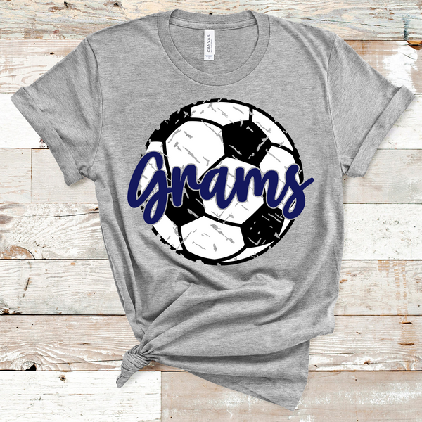 Grams Distressed Soccer Ball Navy Text Direct to Film Transfer - 10 to 14 Day Ship Time