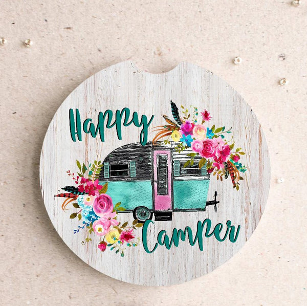 Happy Camper Light Wood Background Car Coaster Design - SUBLIMATION TRANSFER - RTS
