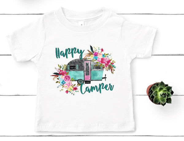 Happy Camper Floral RV Youth Size Screen Print Transfer - HIGH HEAT FORMULA - RTS