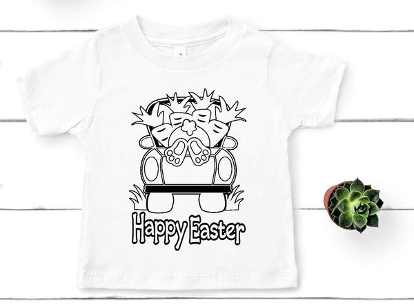Happy Easter Bunny with Carrots in Truck Coloring Shirt Youth Size - RTS