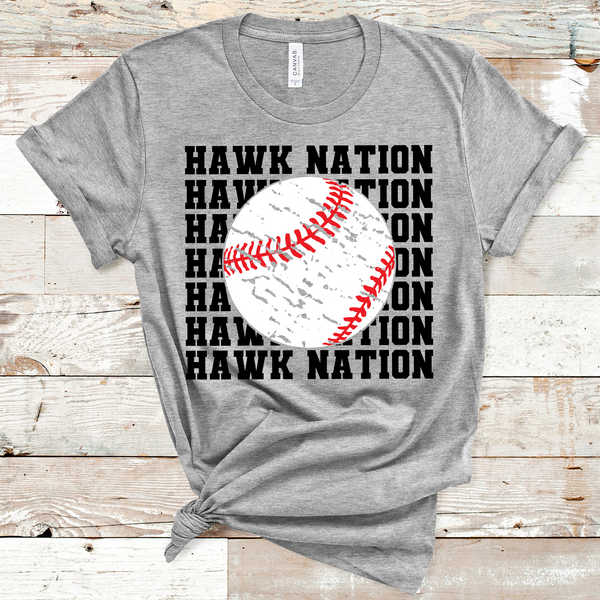 Hawk Nation Stacked Mascot Baseball Black Text Adult Size Direct to Film Transfer - 10 to 14 Day Ship Time
