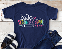 Hello Second Grade White Text Youth Size Direct to Film Transfer - 10 To 14 Day TAT