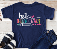 Hello Third Grade White Text Youth Size Direct to Film Transfer - 10 To 14 Day TAT