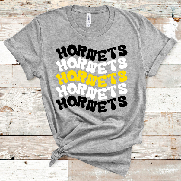 Hornets Wavy Retro Mascot Black, White, Yellow Direct to Film Transfer - 10 to 14 Day Ship Time