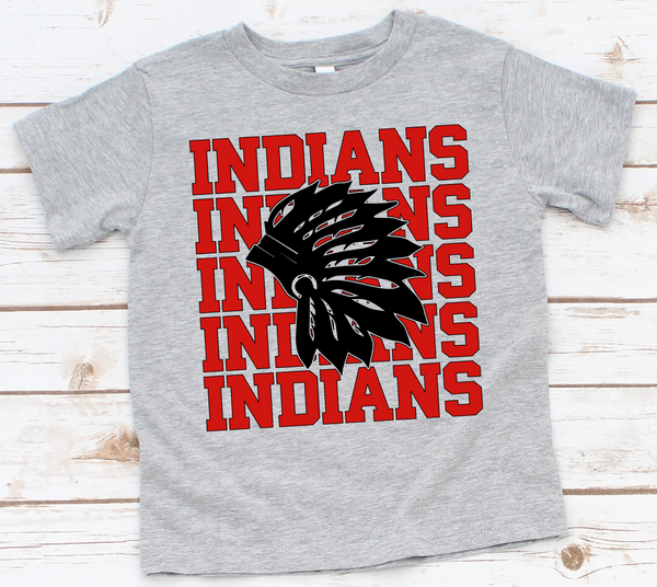 Indians Stacked Mascot Red and Black Direct to Film Transfer - YOUTH SIZE - 10 to 14 Day Ship Time