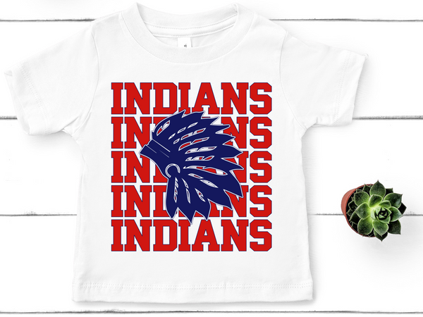 Indians Word Stack Mascot Red and Navy Direct to Film Transfer - YOUTH SIZE - 10 to 14 Day Ship Time