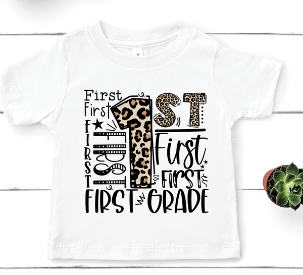 1st Grade Leopard Typography Direct to Film Transfer - YOUTH SIZE - 10 to 14 Day Ship Time