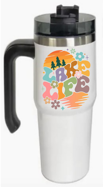 30 Ounce Stainless Steel Tumbler with Black Handle Retro Lake Life UV DTF Design - Completed Mug - Preorder Ships April 4