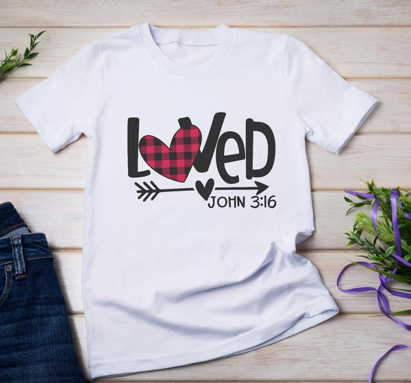 Loved Plaid Heart with Arrow John 3:16 Adult Size Sublimation Transfer - SUBLIMATION TRANSFER - RTS