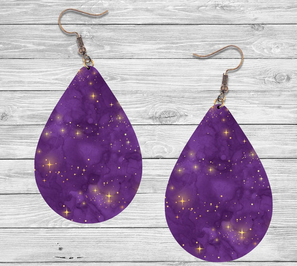 Teardrop Shaped Purple and Gold Print Earrings - 5 Pairs