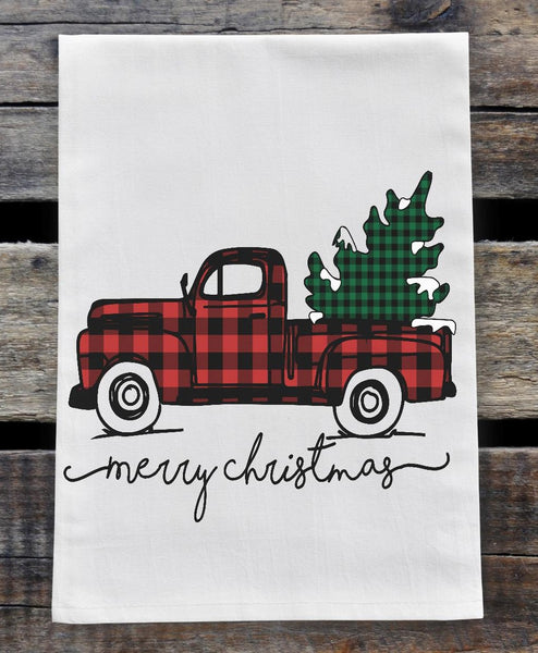 Merry Christmas Red Plaid Truck with Tree Flour Sack Towel Screen Print Transfer - RTS