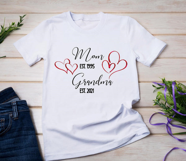 Mom Est. Grandma Est. with Hearts Adult Size - SUBLIMATION TRANSFER - RTS
