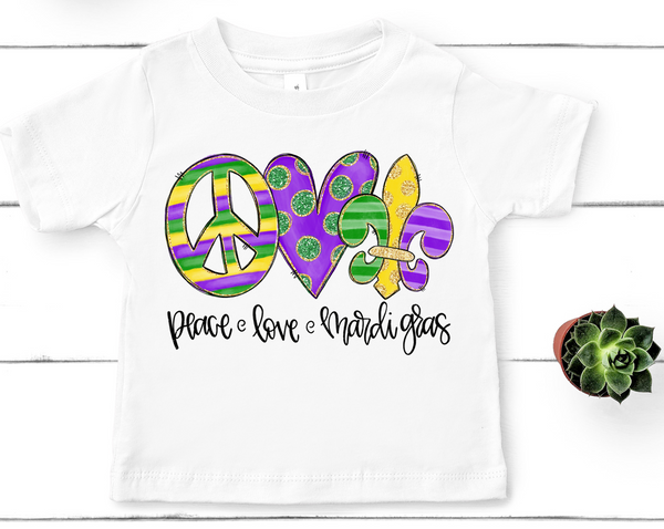Peace Love Mardi Gras Youth Size Direct to Film Transfer - 10 To 14 Day TAT