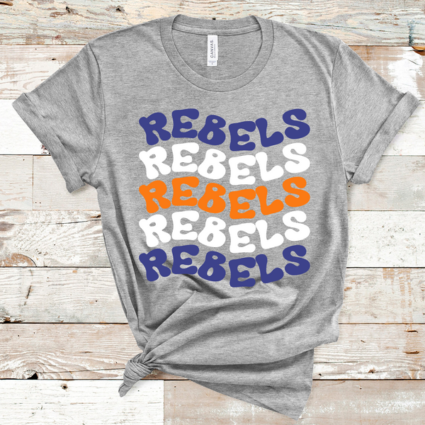 Rebels Wavy Retro Mascot Royal Blue, White, and Orange Direct to Film Transfer - 10 to 14 Day Ship Time