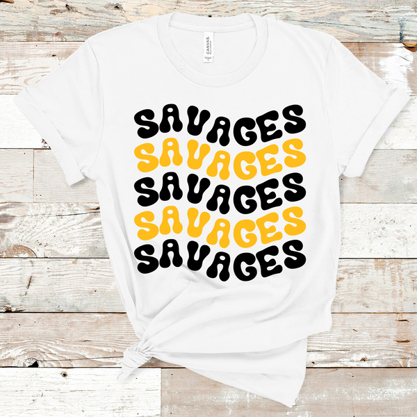 Savages Wavy Retro Mascot Black and Gold Direct to Film Transfer - 10 to 14 Day Ship Time