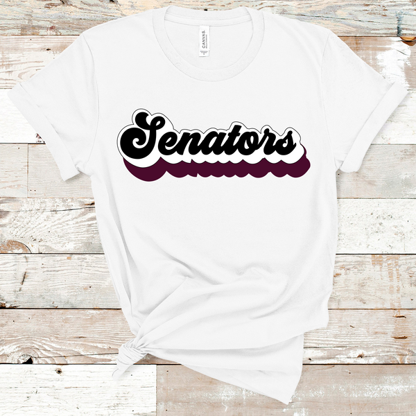 Senators Retro Font Maroon, White, and Black Direct to Film Transfer - 10 to 14 Day Ship Time