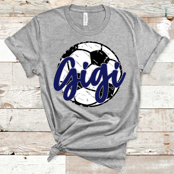 Gigi Distressed Soccer Ball Navy Text Direct to Film Transfer - 10 to 14 Day Ship Time