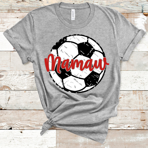 Mamaw Distressed Soccer Ball Red Text Direct to Film Transfer - 10 to 14 Day Ship Time