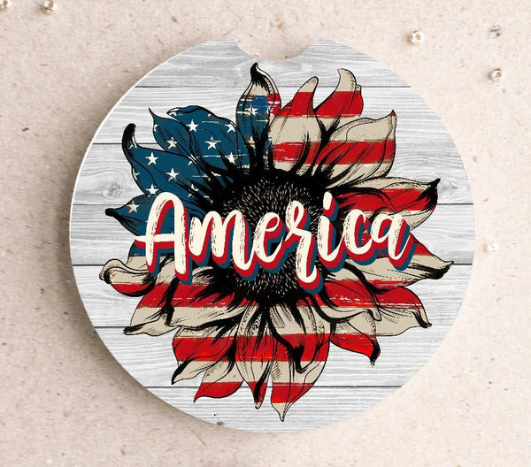 America Sunflower Distressed American Flag Wood Background Car Coaster Sublimation Transfer - SUBLIMATION TRANSFER - RTS