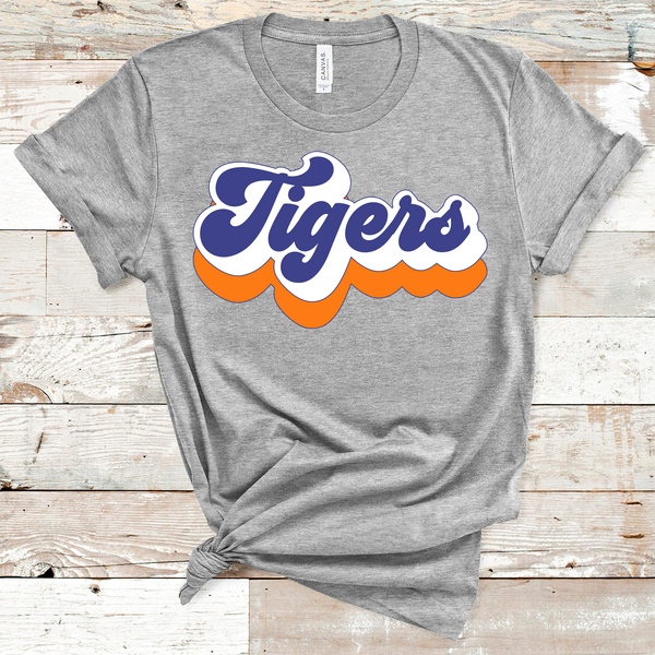 Tigers Retro Font Orange, White, and Royal Direct to Film Transfer - 10 to 14 Day Ship Time