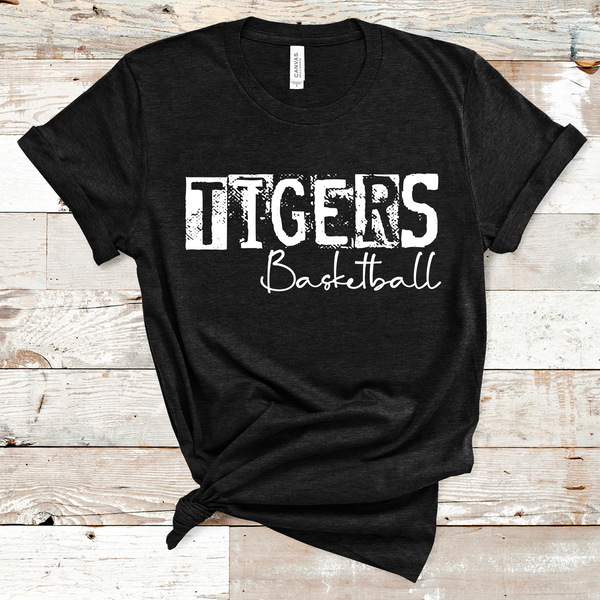 Tigers Mascot Basketball Grunge Single Line White Text Direct to Film Transfer - 10 to 14 Day Ship Time