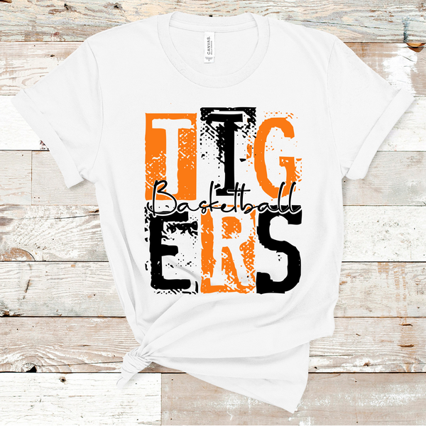 Tigers Mascot Basketball Grunge Stacked Orange, Black, and White Direct to Film Transfer - 10 to 14 Day Ship Time