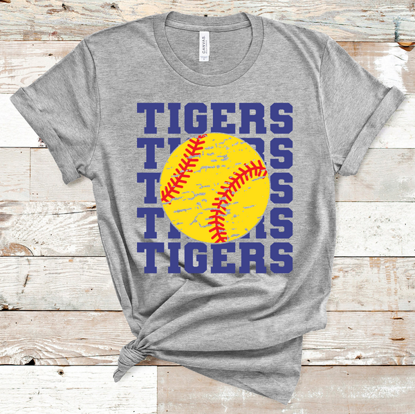 Tigers Stacked Mascot Softball Royal Text Direct to Film Transfer - 10 to 14 Day Ship Time