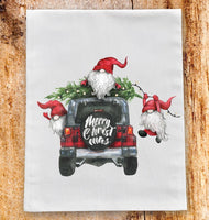 Gnomes Merry Christmas Plaid Off Road Truck Flour Sack Towel Screen Print Transfer - RTS
