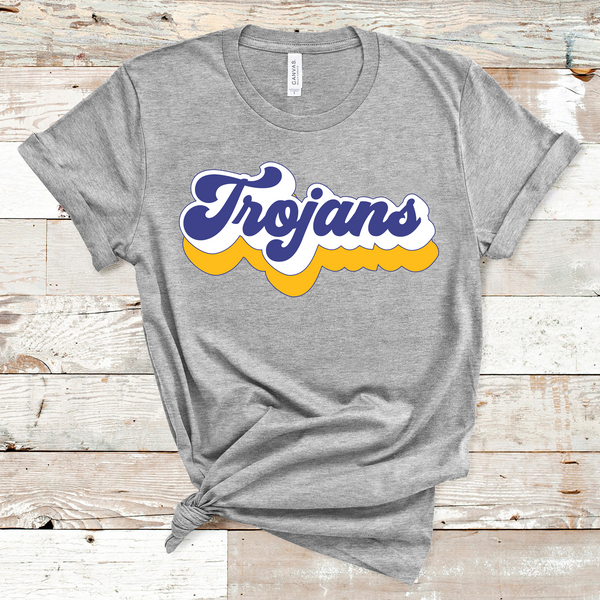 Trojans Retro Font Gold, White, and Royal Direct to Film Transfer - 10 to 14 Day Ship Time