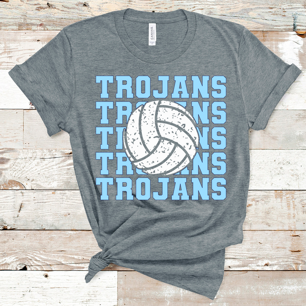 Trojans Stacked Mascot Volleyball Columbia Blue and Navy Text Direct to Film Transfer - 10 to 14 Day Ship Time