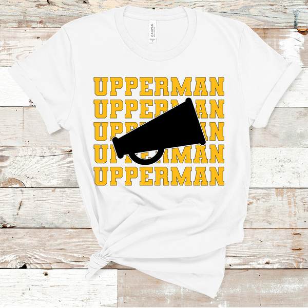 Upperman Stacked Mascot Cheer Gold and Black Text Direct to Film Transfer - 10 to 14 Day Ship Time