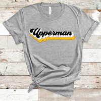 Upperman Mascot Retro Font Gold, White, and Black Direct to Film Transfer - 10 to 14 Day Ship Time