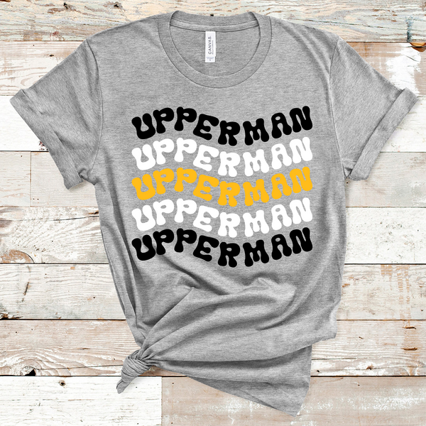 Upperman Wavy Retro Mascot Black, White, and Gold Direct to Film Transfer - 10 to 14 Day Ship Time