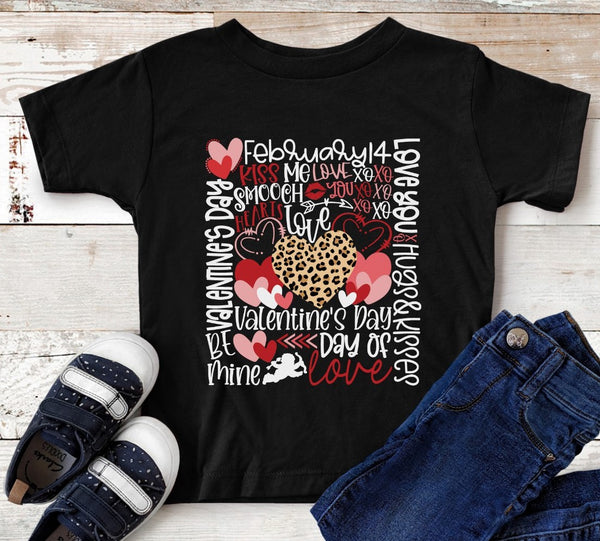 Valentine's Day Word Art with Leopard Heart Youth Size Screen Print Transfer - HIGH HEAT FORMULA - RTS