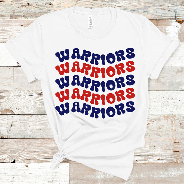 Warriors Wavy Retro Mascot Navy and Red Direct to Film Transfer - 10 to 14 Day Ship Time