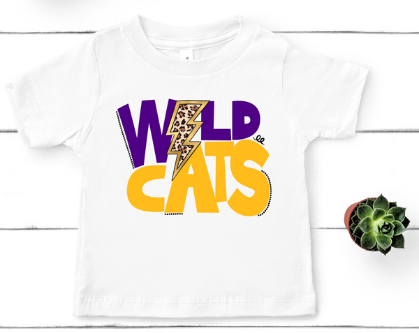 Wildcats Lightning Bolt Mascot Purple and Gold Direct to Film Transfer - YOUTH SIZE - 10 to 14 Day Ship Time