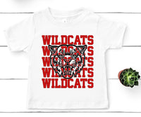 Wildcats Word Stack Mascot Red and Black Direct to Film Transfer - YOUTH SIZE - 10 to 14 Day Ship Time