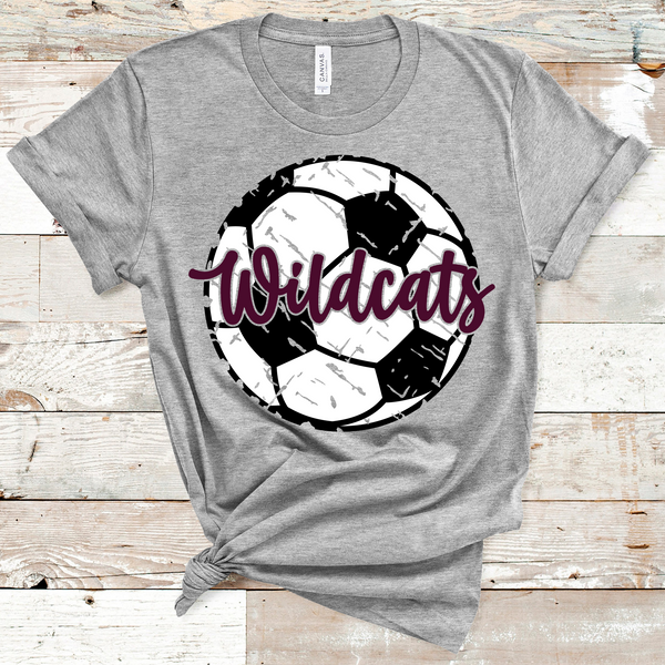 Wildcats Distressed Soccer Ball Maroon Text Direct to Film Transfer - 10 to 14 Day Ship Time