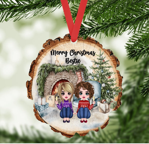 Merry Christmas Bestie Blonde and Brunette Ornaments