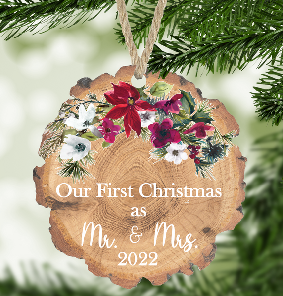 Wholesale Our First Christmas as Mr. & Mrs. 2022 Faux Wood Slice Ornament