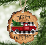 Wholesale Merry Christmas 2022 Vintage Red Truck Faux Wood Slice Ornament